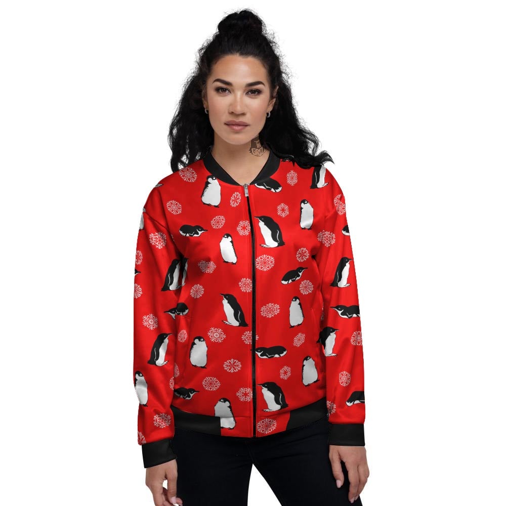Penguin Red Snow Print Pattern Women's Bomber Jacket-grizzshop