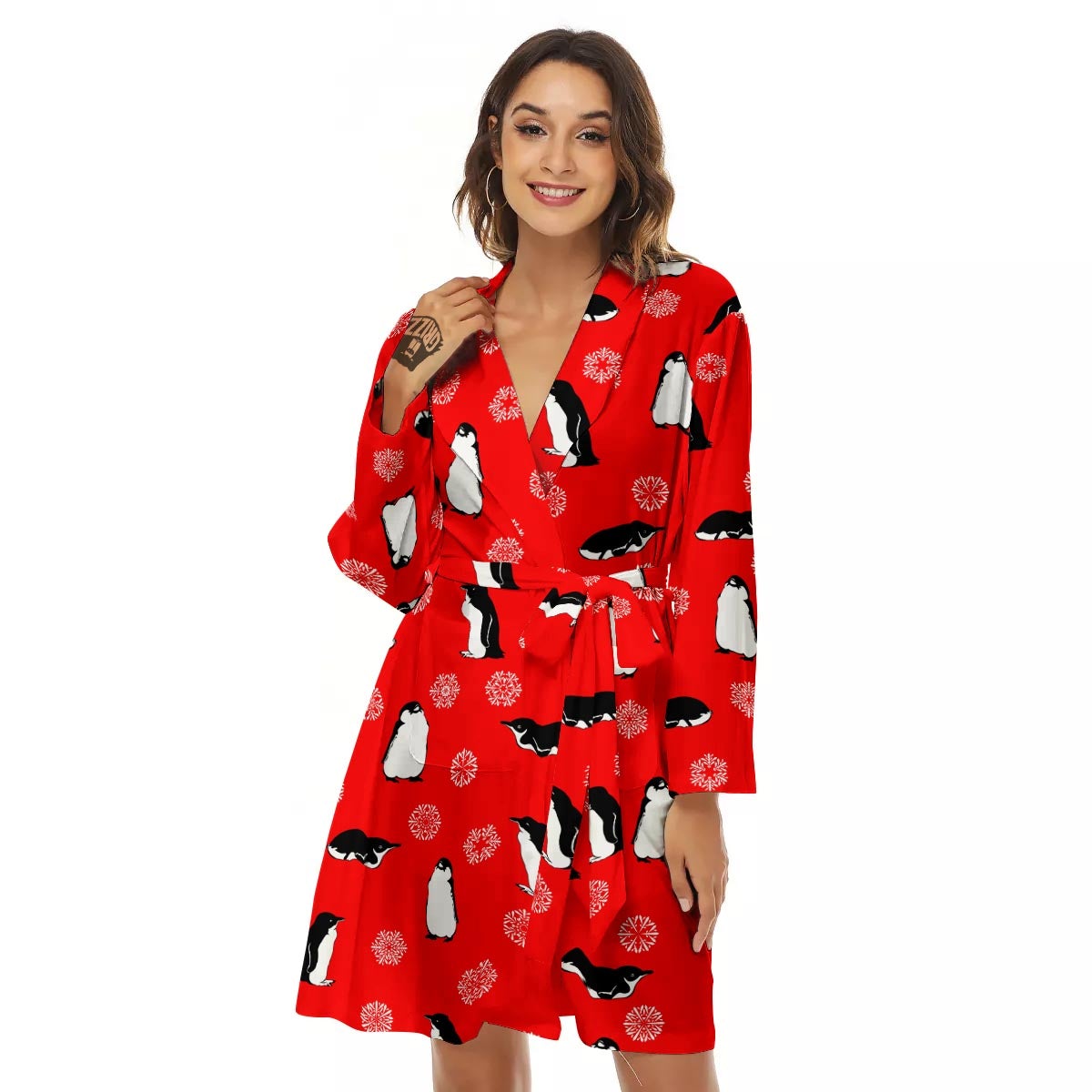 Penguin Red Snow Print Pattern Women's Robe-grizzshop