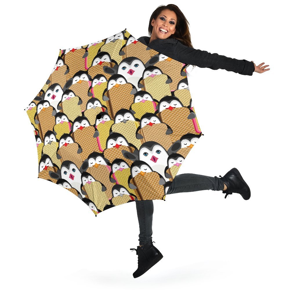 Penguin Waffle Pattern Print Automatic Foldable Umbrella-grizzshop