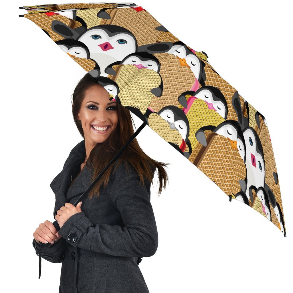 Penguin Waffle Pattern Print Automatic Foldable Umbrella-grizzshop
