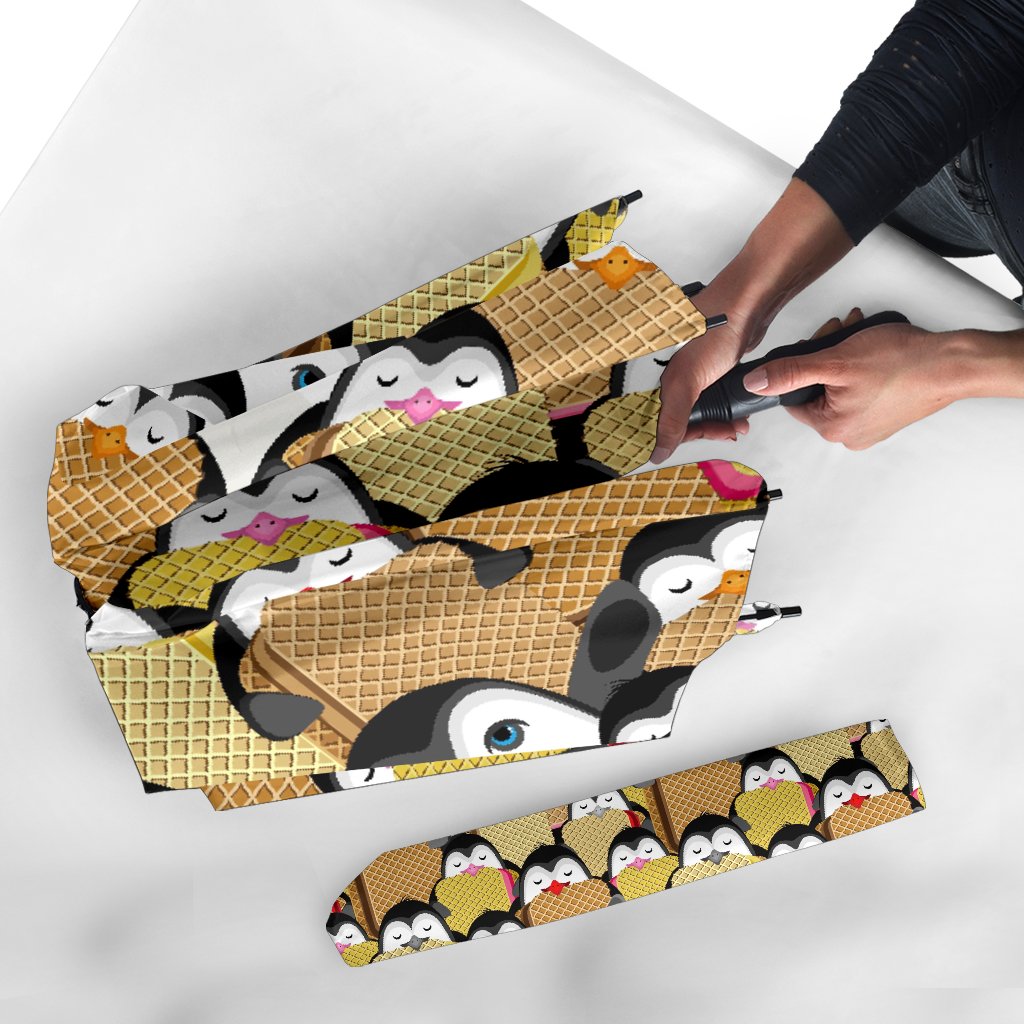 Penguin Waffle Pattern Print Automatic Foldable Umbrella-grizzshop