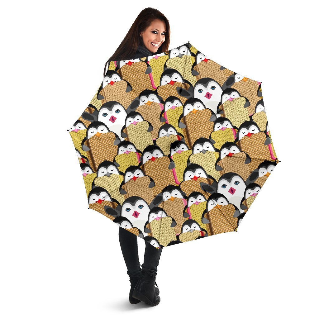 Penguin Waffle Pattern Print Automatic Foldable Umbrella-grizzshop