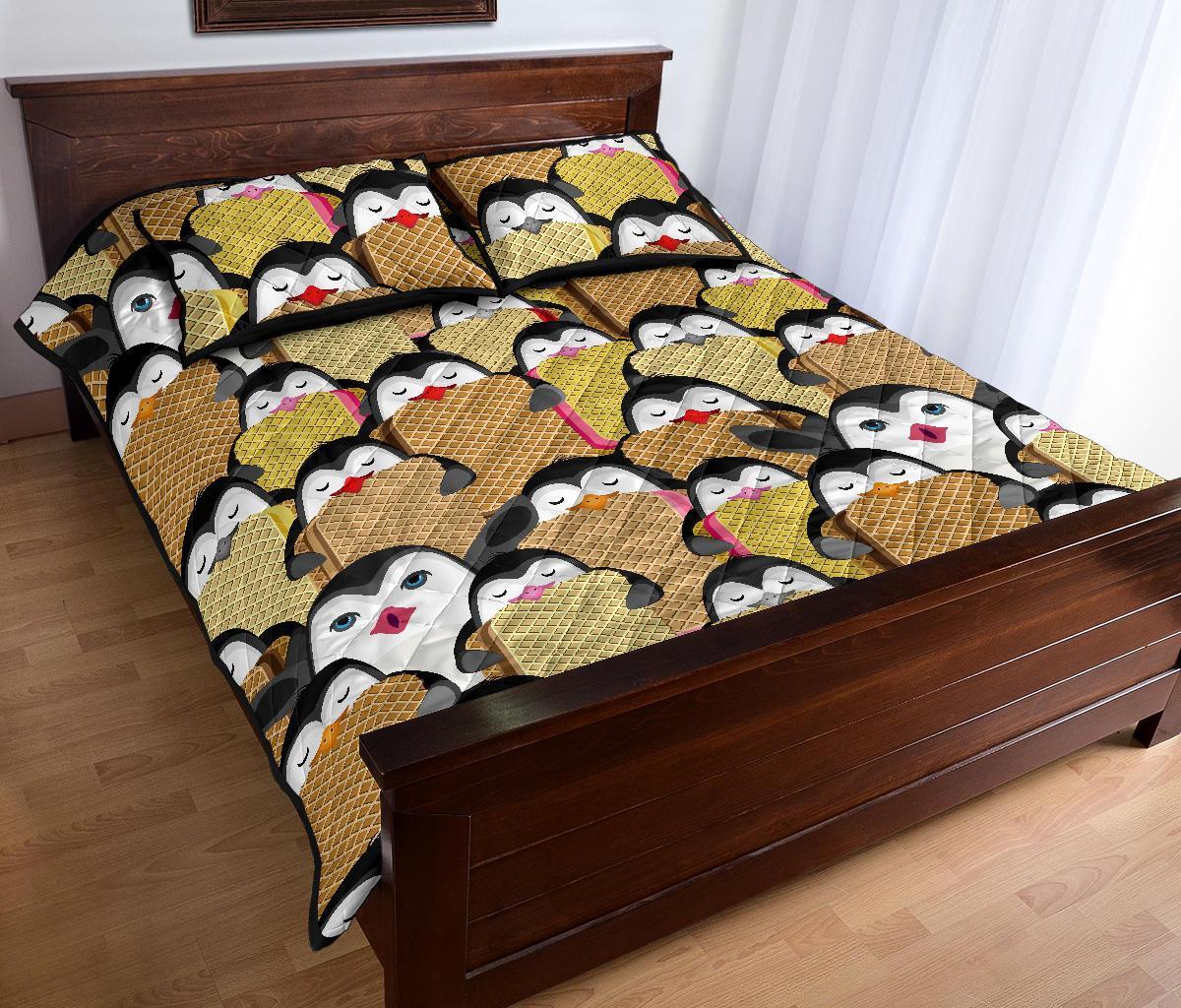 Penguin Waffle Pattern Print Bed Set Quilt-grizzshop