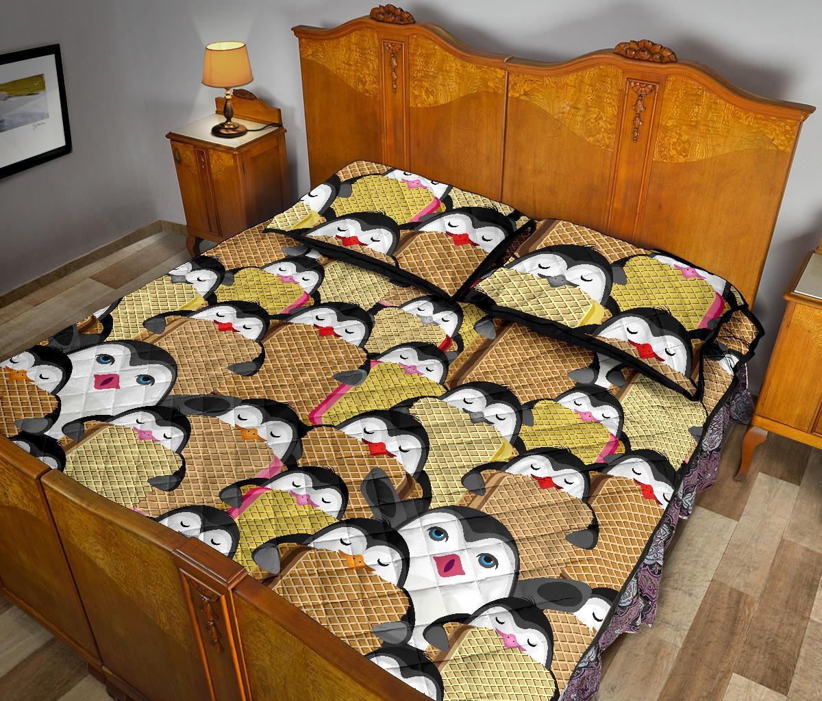 Penguin Waffle Pattern Print Bed Set Quilt-grizzshop