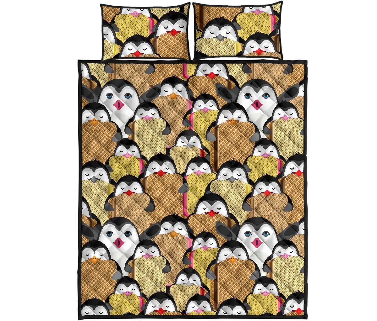 Penguin Waffle Pattern Print Bed Set Quilt-grizzshop