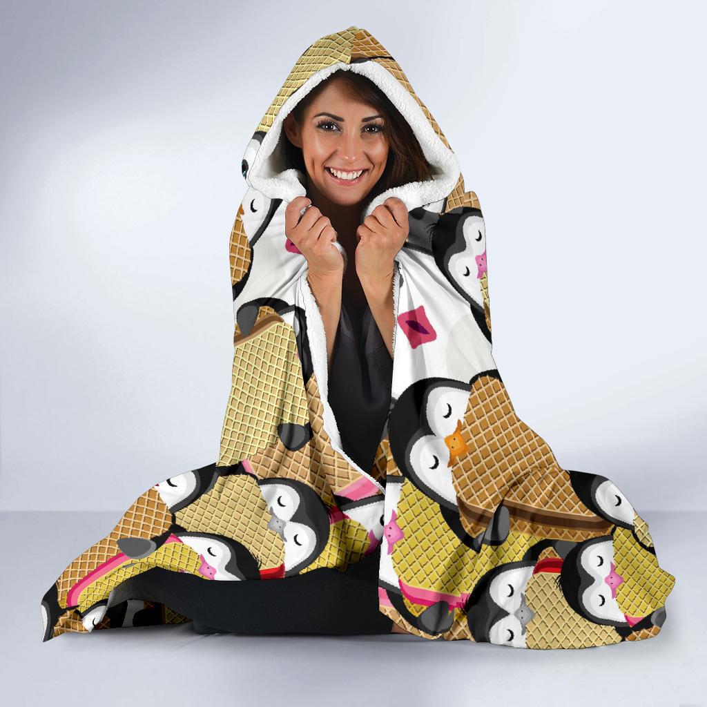 Penguin Waffle Pattern Print Hooded Blanket-grizzshop