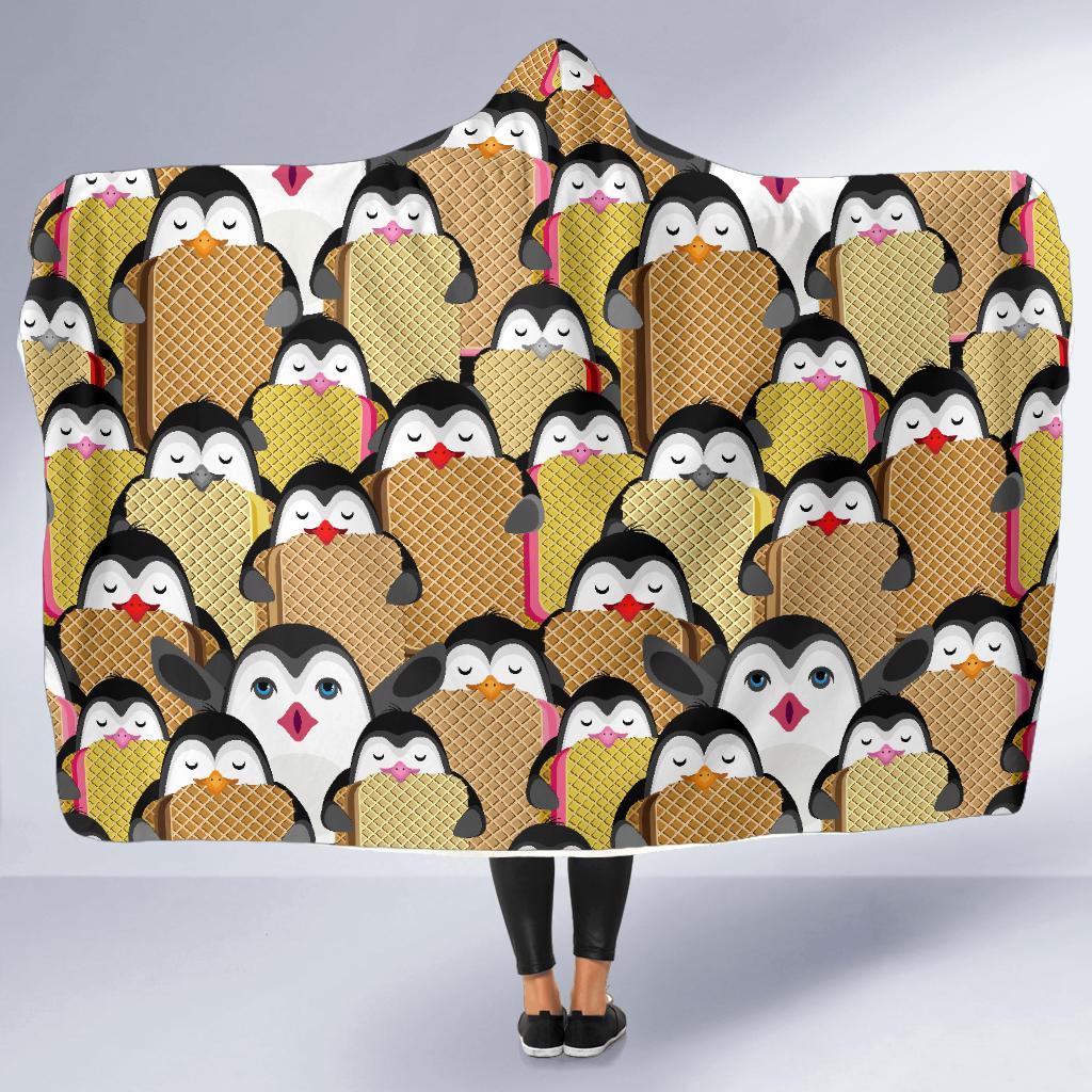 Penguin Waffle Pattern Print Hooded Blanket-grizzshop