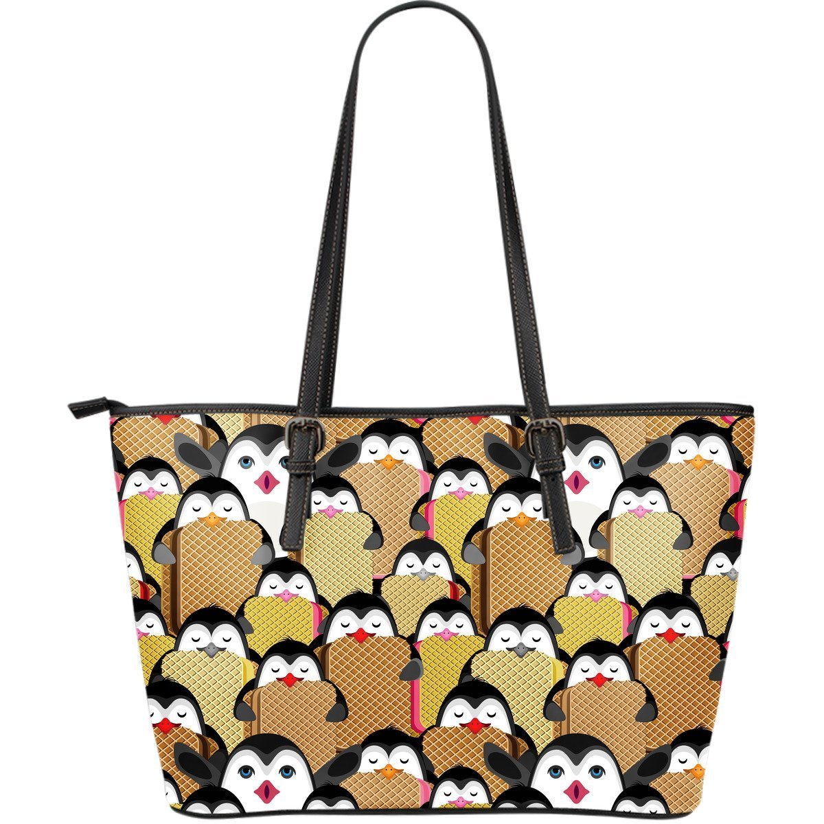 Penguin Waffle Pattern Print Leather Tote Bag-grizzshop