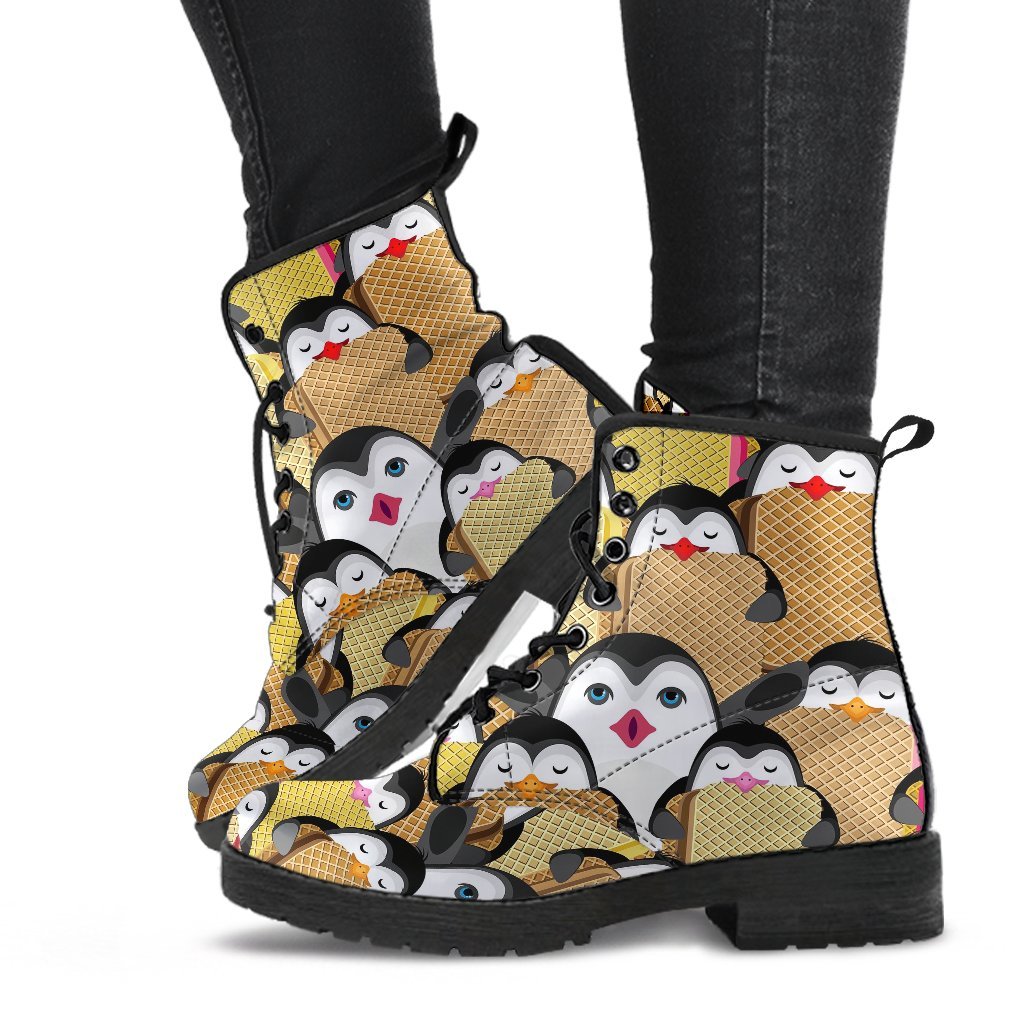 Penguin Waffle Pattern Print Men Women Leather Boots-grizzshop