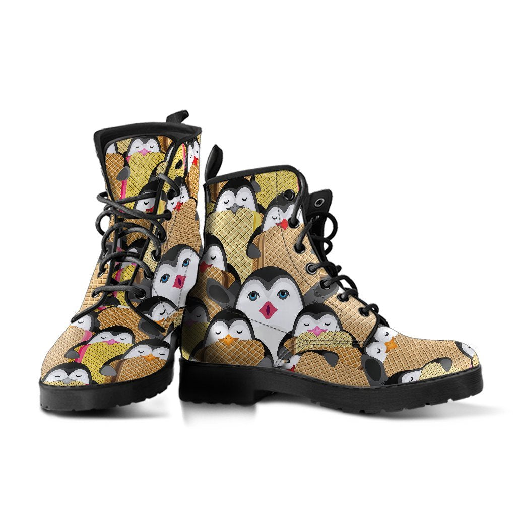 Penguin Waffle Pattern Print Men Women Leather Boots-grizzshop