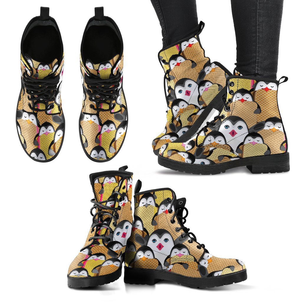 Penguin Waffle Pattern Print Men Women Leather Boots-grizzshop