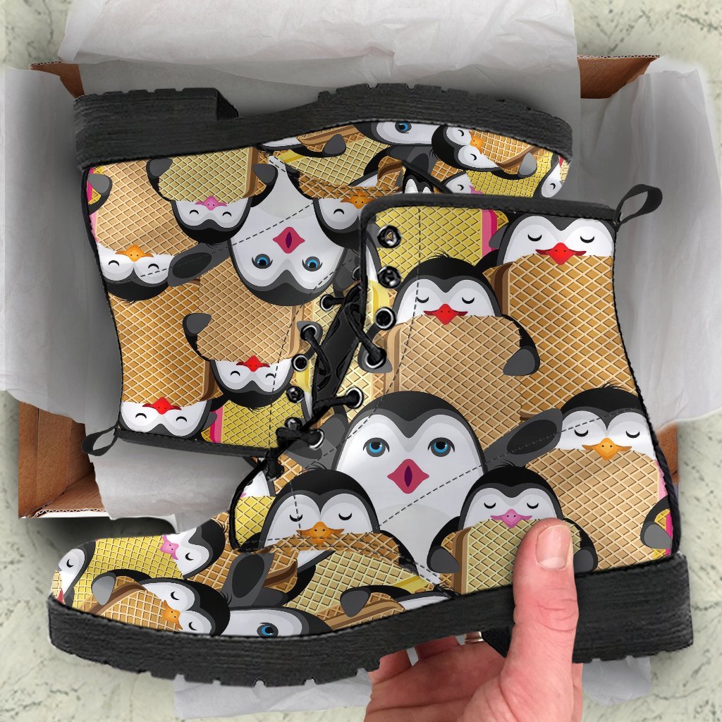 Penguin Waffle Pattern Print Men Women Leather Boots-grizzshop