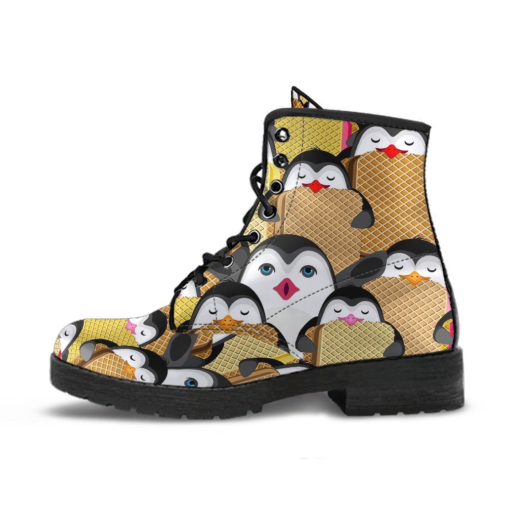 Penguin Waffle Pattern Print Men Women Leather Boots-grizzshop