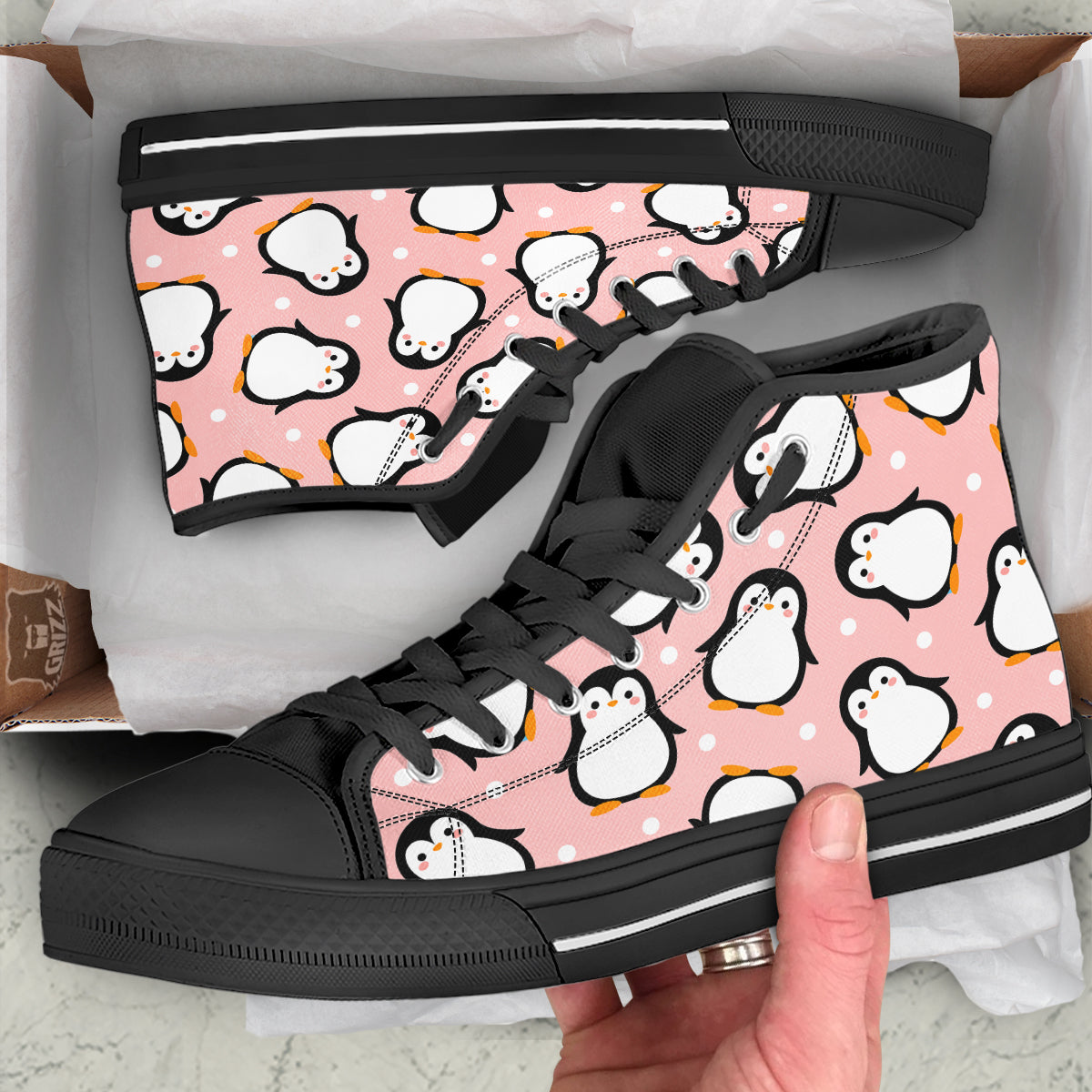 Penguin Xmas Print Pattern Black High Top Shoes-grizzshop