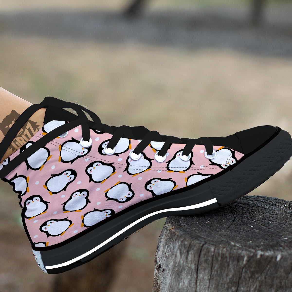 Penguin Xmas Print Pattern Black High Top Shoes-grizzshop