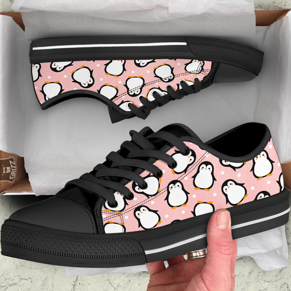 Penguin Xmas Print Pattern Black Low Top Shoes-grizzshop