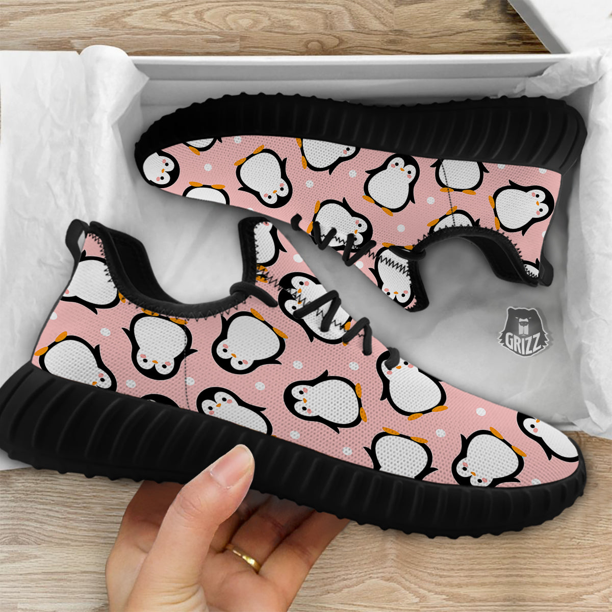 Penguin Xmas Print Pattern Black Walking Shoes-grizzshop