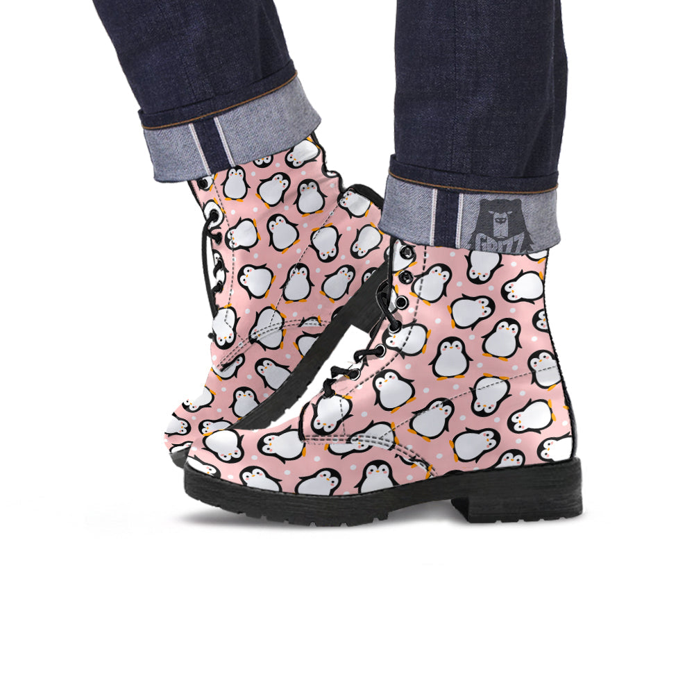Penguin Xmas Print Pattern Leather Boots-grizzshop