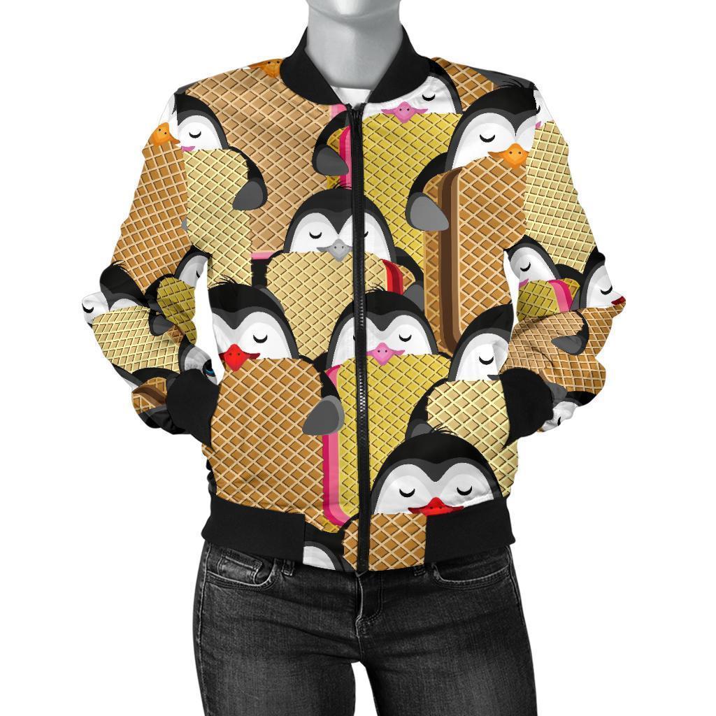 Penguin Waffle Pattern Print Women Casual Bomber Jacket-grizzshop