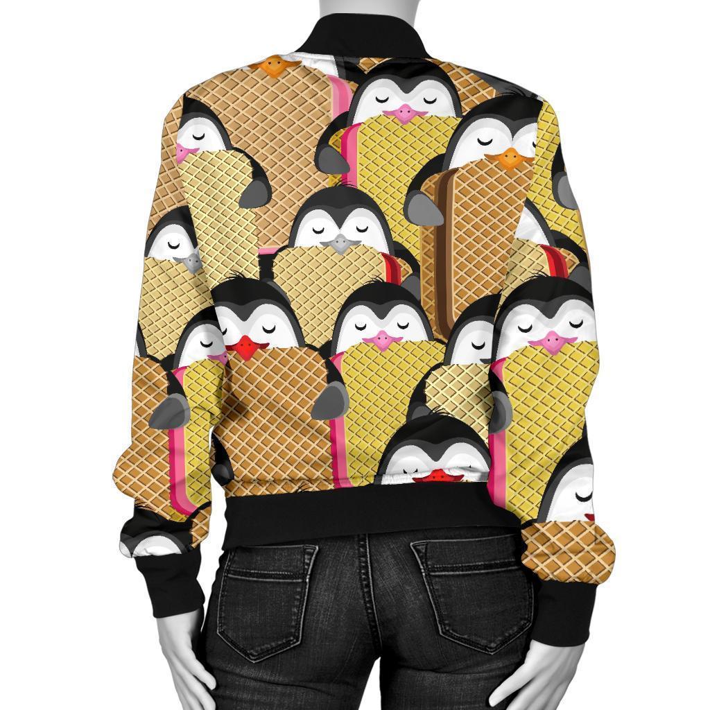 Penguin Waffle Pattern Print Women Casual Bomber Jacket-grizzshop