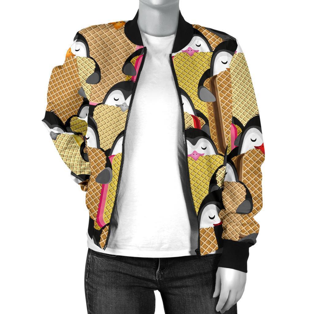 Penguin Waffle Pattern Print Women Casual Bomber Jacket-grizzshop