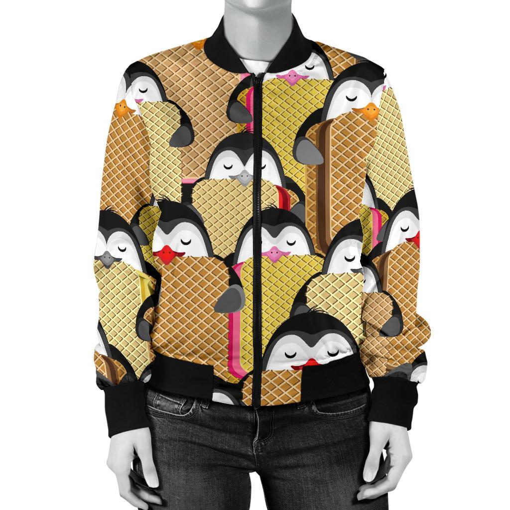 Penguin Waffle Pattern Print Women Casual Bomber Jacket-grizzshop