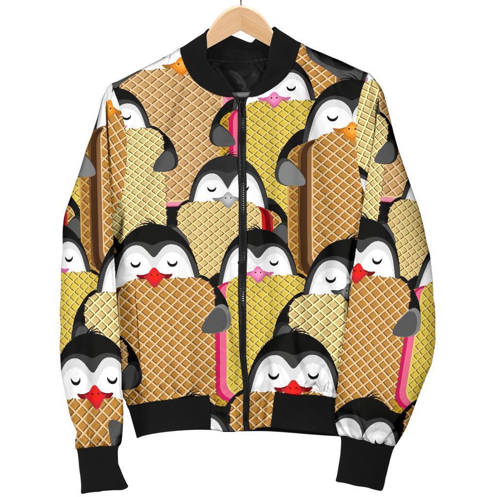 Penguin Waffle Pattern Print Women Casual Bomber Jacket-grizzshop