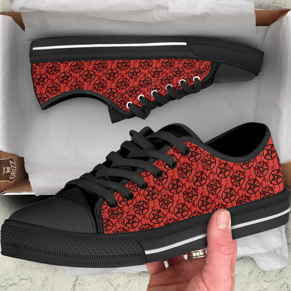 Pentagram Bloody Satanic Print Pattern Black Low Top Shoes-grizzshop