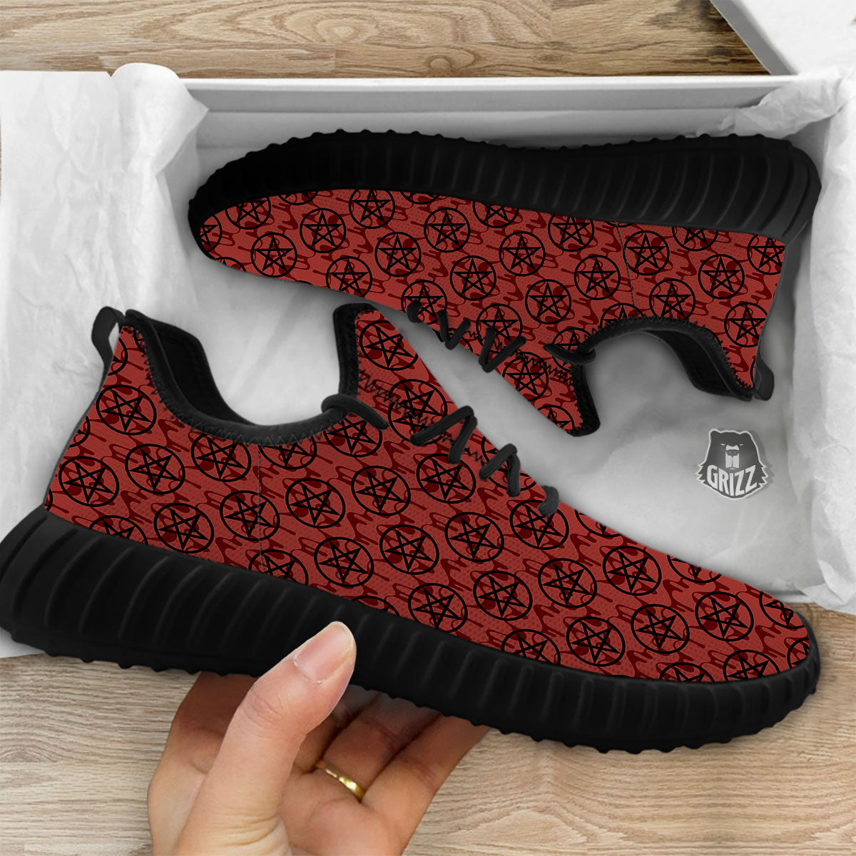 Pentagram Bloody Satanic Print Pattern Black Walking Shoes-grizzshop