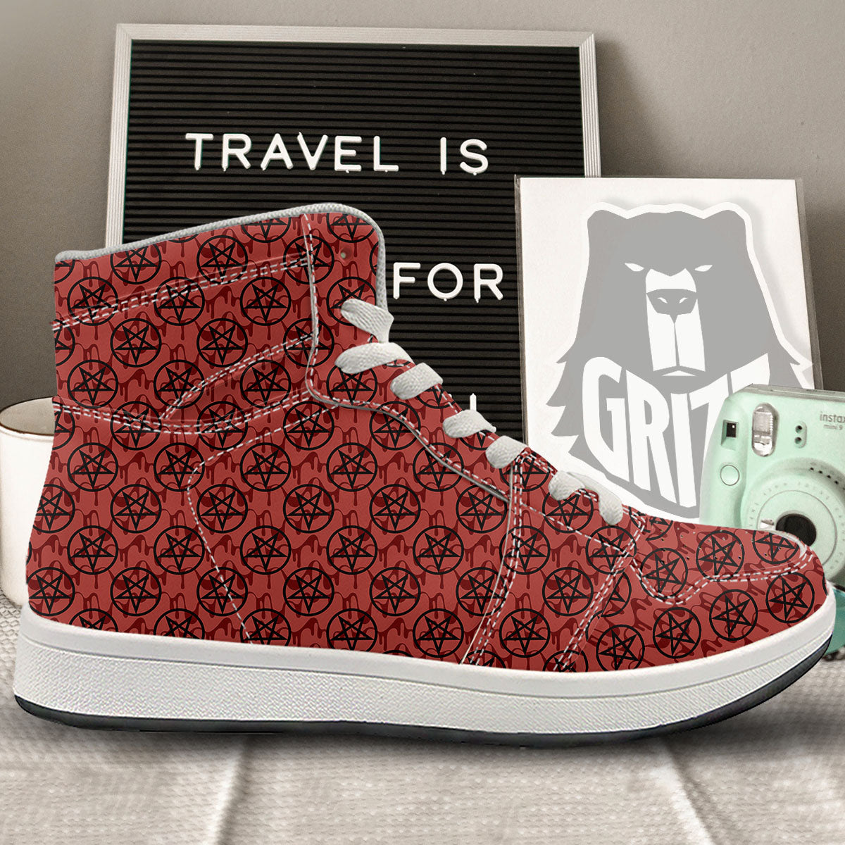 Pentagram Bloody Satanic Print Pattern High Top Sneakers-grizzshop