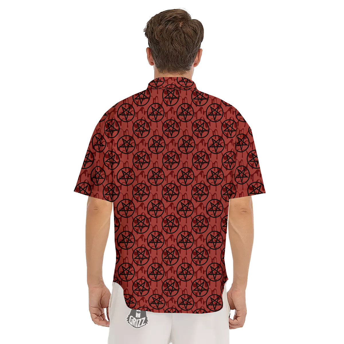 Pentagram Bloody Satanic Print Pattern Men's Short Sleeve Shirts-grizzshop