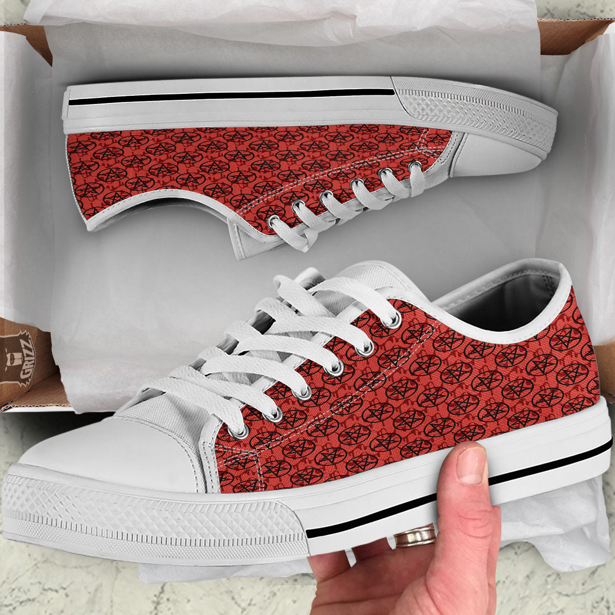 Pentagram Bloody Satanic Print Pattern White Low Top Shoes-grizzshop