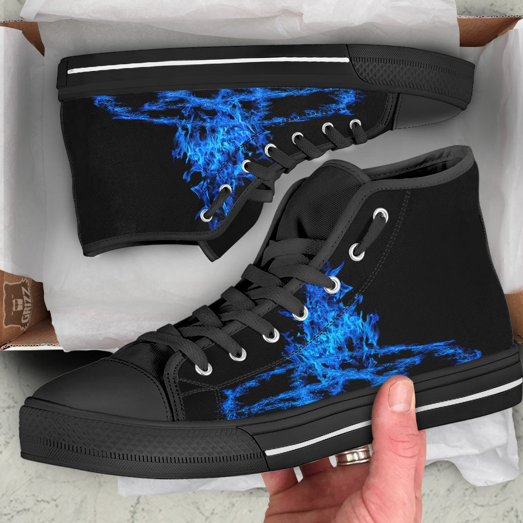 Pentagram Blue Flame Print Black High Top Shoes-grizzshop