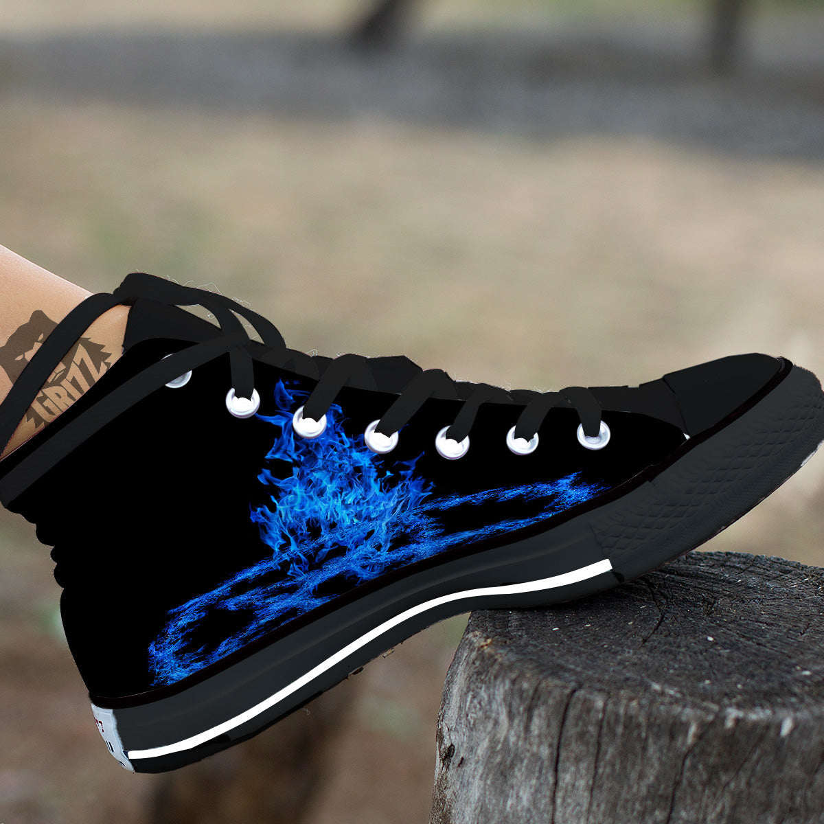 Pentagram Blue Flame Print Black High Top Shoes-grizzshop