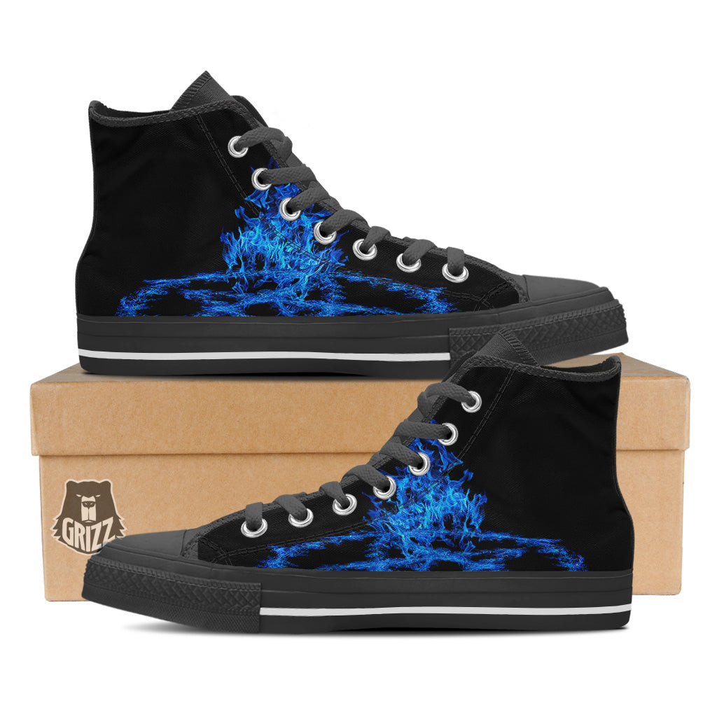 Pentagram Blue Flame Print Black High Top Shoes-grizzshop