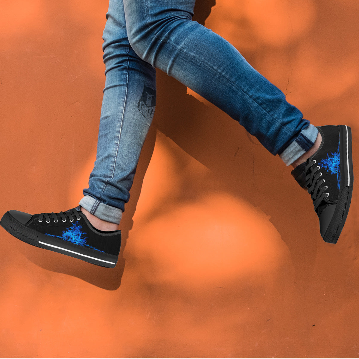 Pentagram Blue Flame Print Black Low Top Shoes-grizzshop