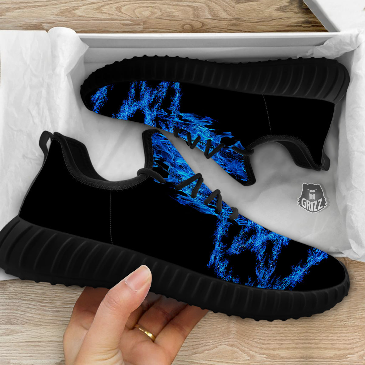 Pentagram Blue Flame Print Black Walking Shoes-grizzshop