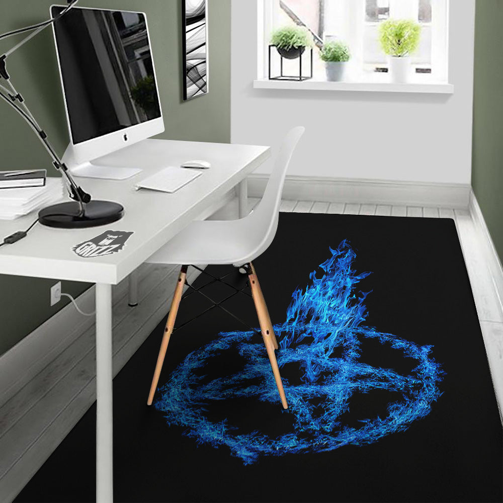 Pentagram Blue Flame Print Floor Mat-grizzshop