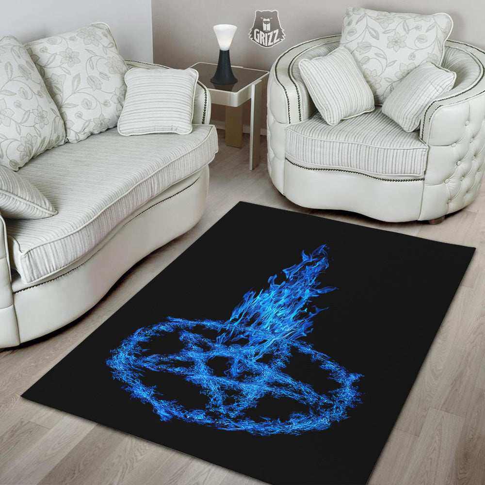 Pentagram Blue Flame Print Floor Mat-grizzshop