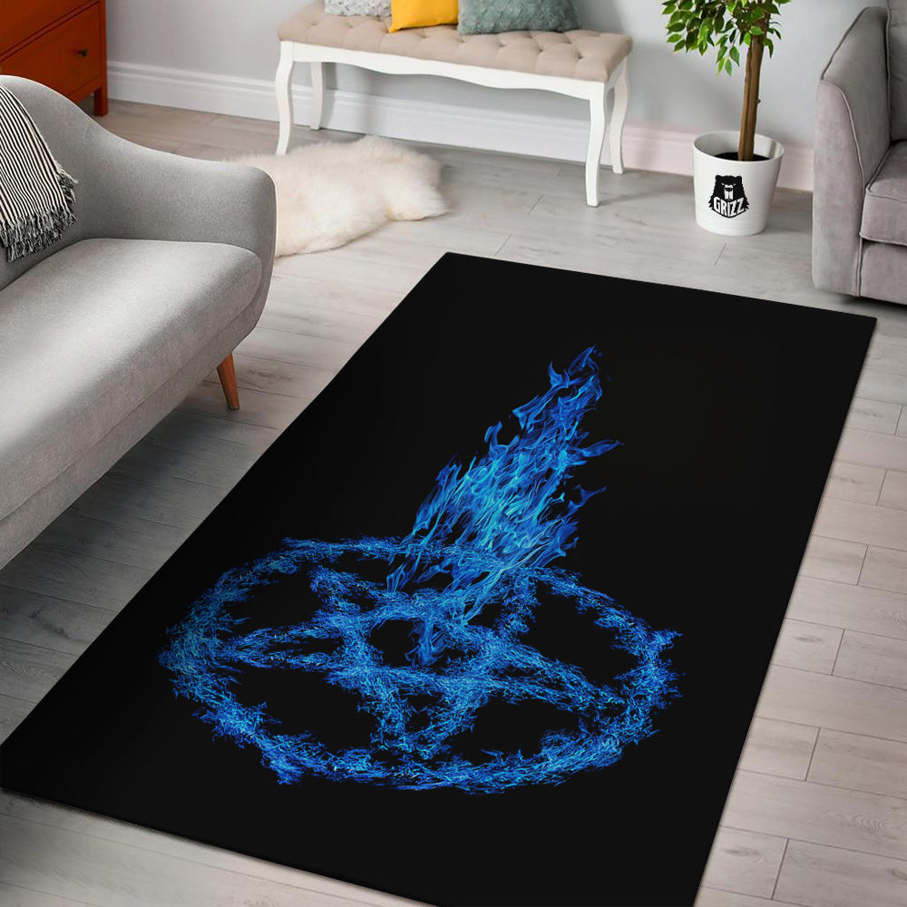 Pentagram Blue Flame Print Floor Mat-grizzshop