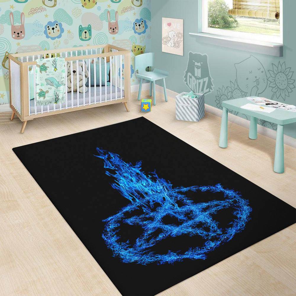 Pentagram Blue Flame Print Floor Mat-grizzshop