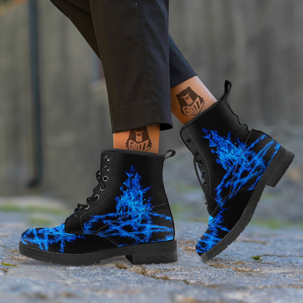 Pentagram Blue Flame Print Leather Boots-grizzshop