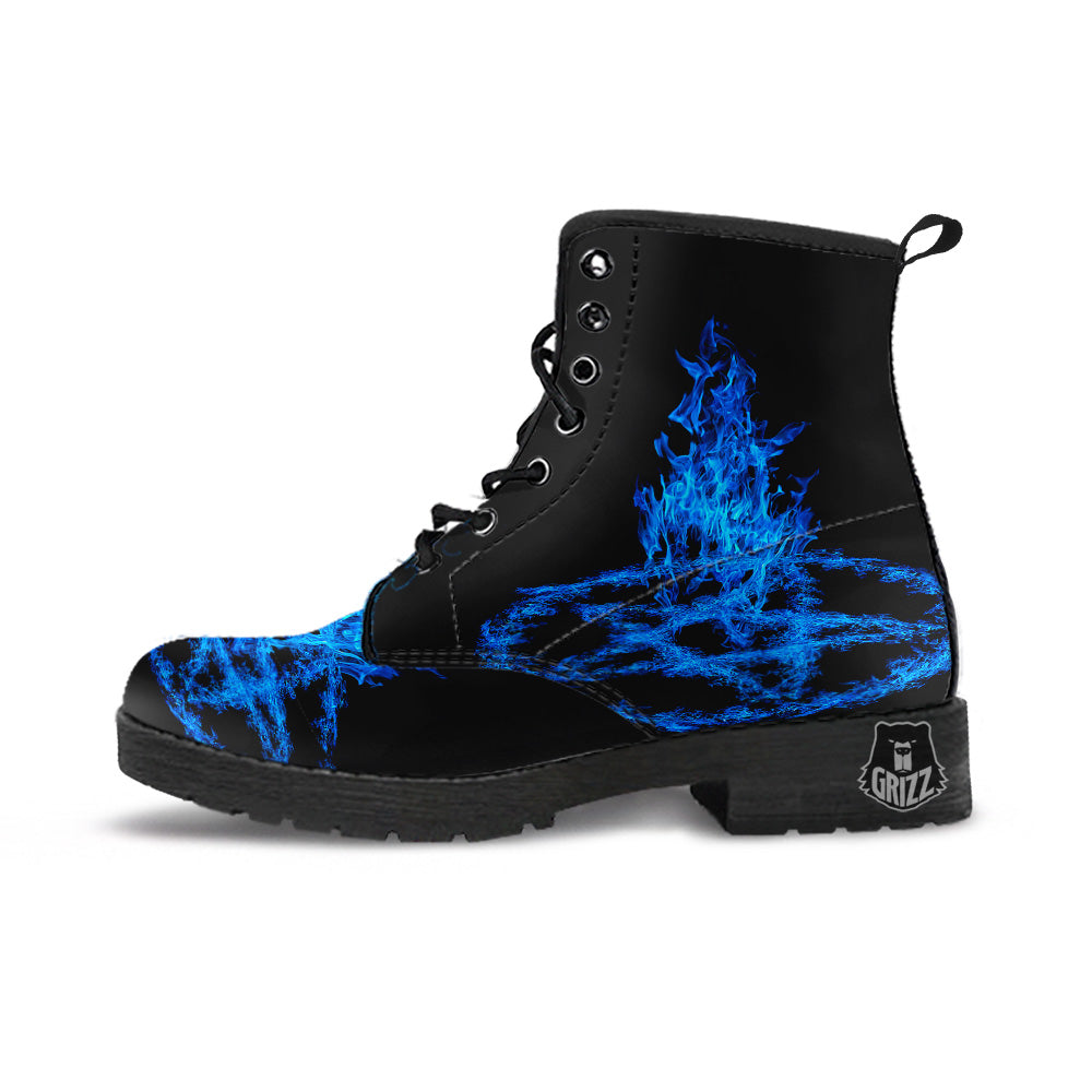 Pentagram Blue Flame Print Leather Boots-grizzshop