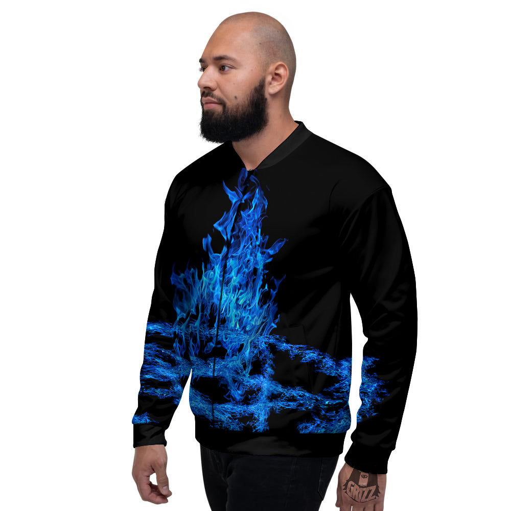 Pentagram Blue Flame Print Men's Bomber Jacket-grizzshop