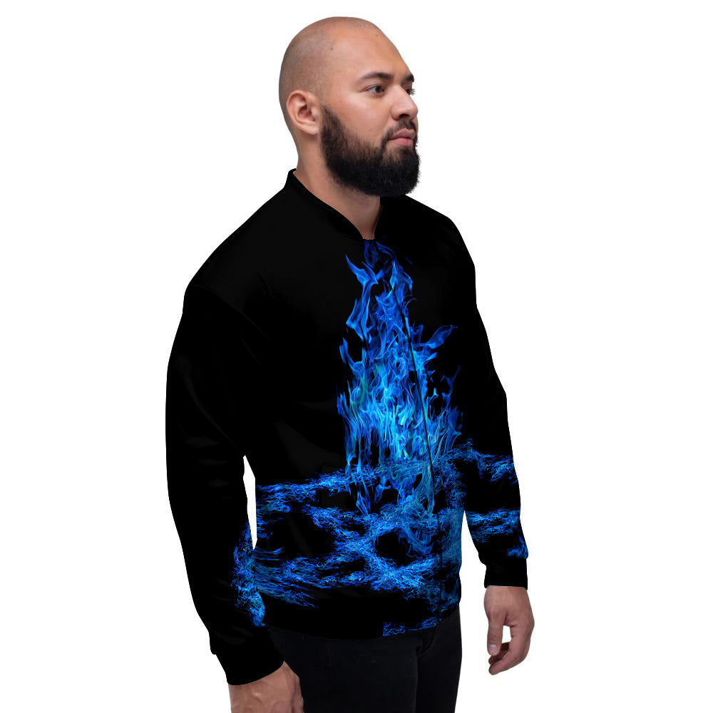 Pentagram Blue Flame Print Men's Bomber Jacket-grizzshop
