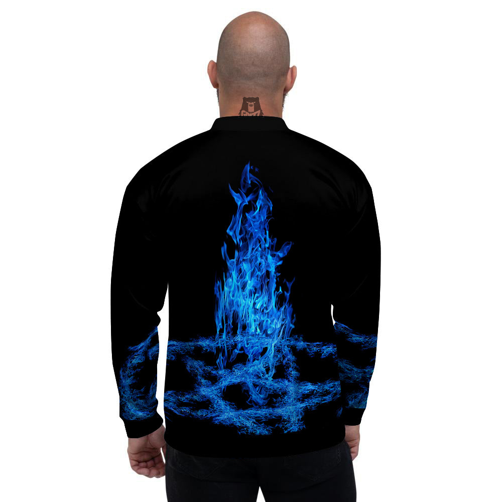 Pentagram Blue Flame Print Men's Bomber Jacket-grizzshop