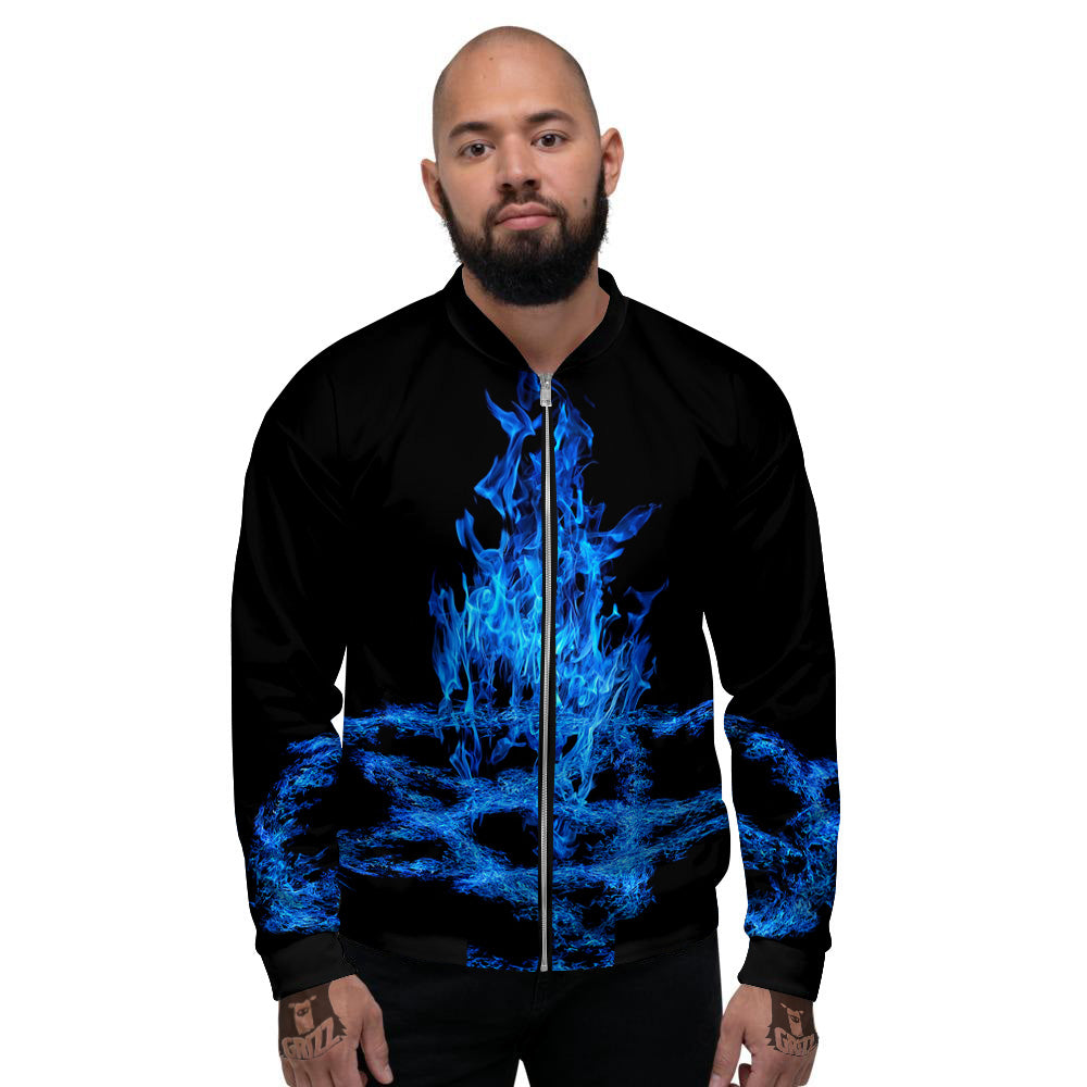 Pentagram Blue Flame Print Men's Bomber Jacket-grizzshop