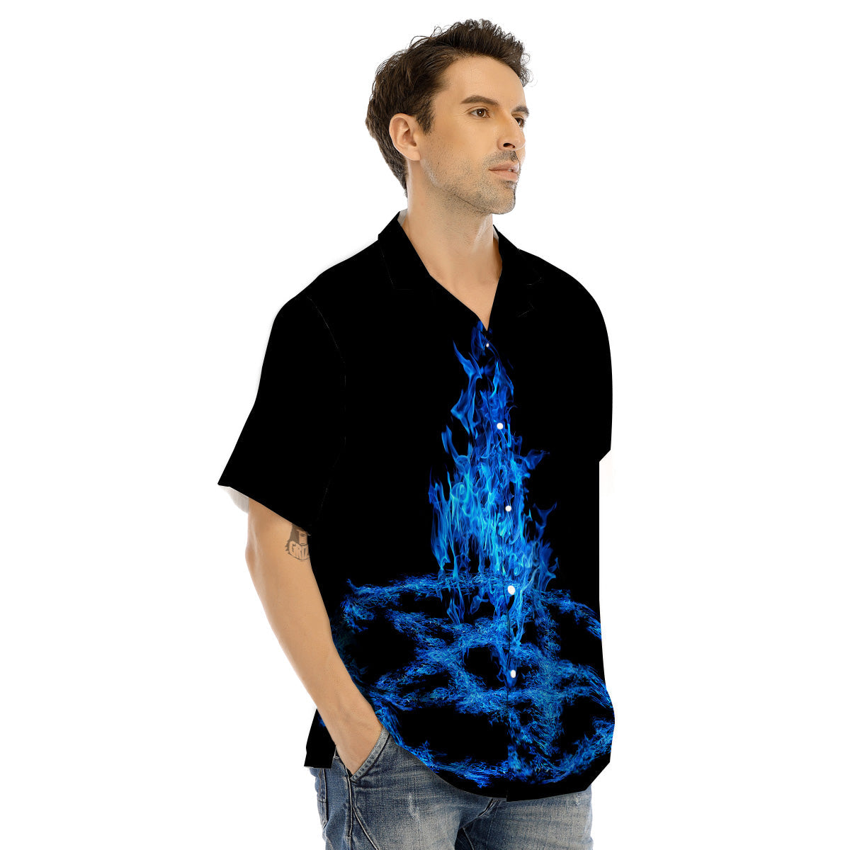 Pentagram Blue Flame Print Men's Hawaiian Shirt-grizzshop