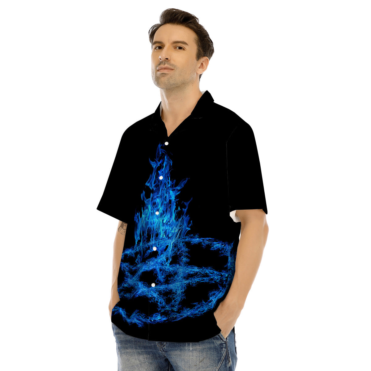 Pentagram Blue Flame Print Men's Hawaiian Shirt-grizzshop
