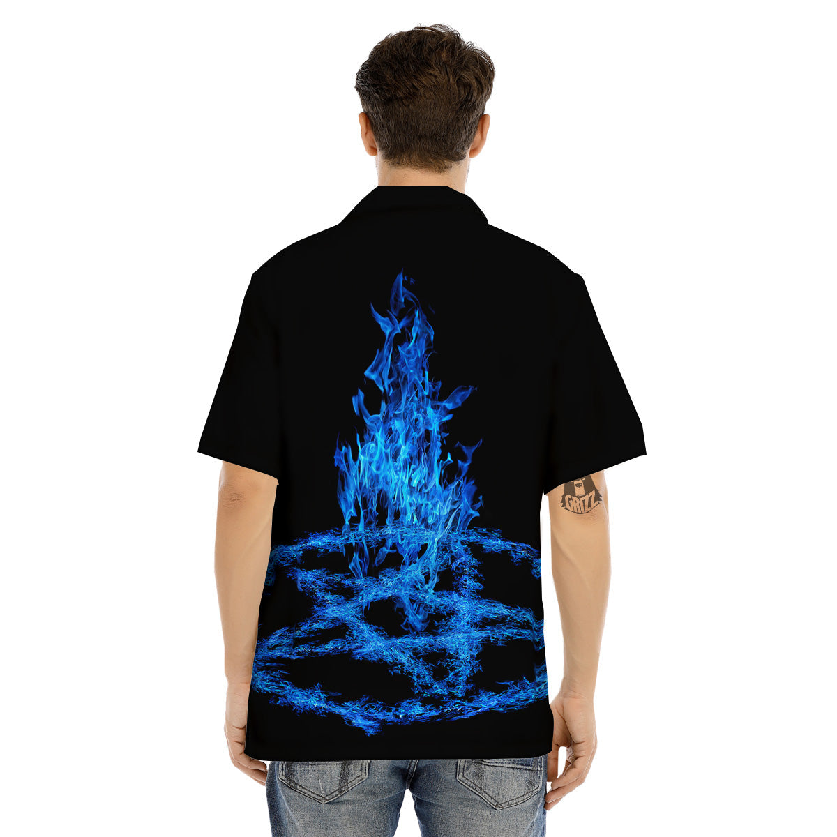 Pentagram Blue Flame Print Men's Hawaiian Shirt-grizzshop